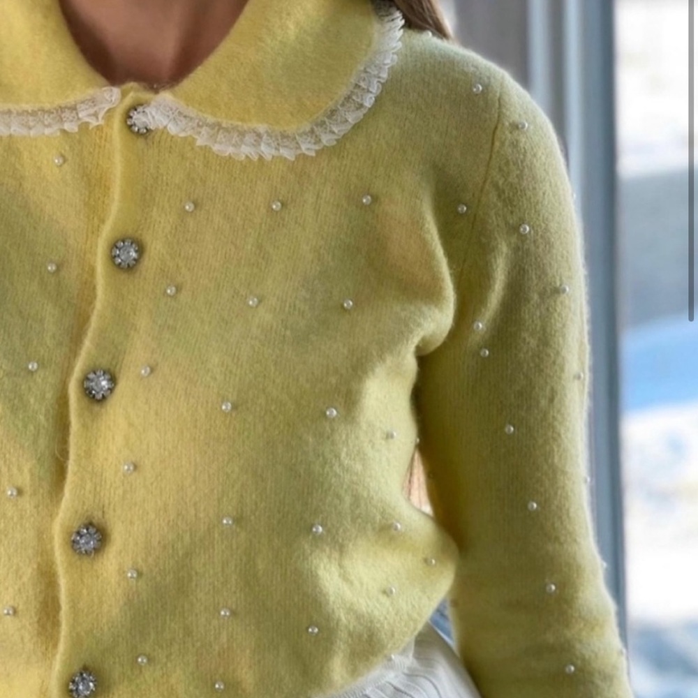 Zara Faux Pearl Appliqué Yellow Cardigan NWT